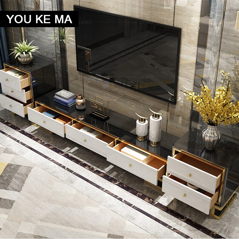 TV cabinet and tea table combination simple post-modern small light luxury tempered glass black ribbon locker floor cabinet