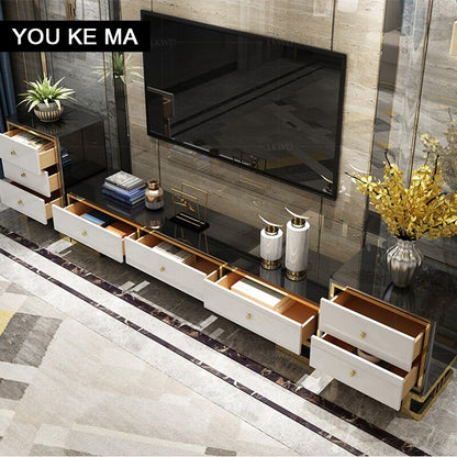 TV cabinet and tea table combination simple post-modern small light luxury tempered glass black ribbon locker floor cabinet