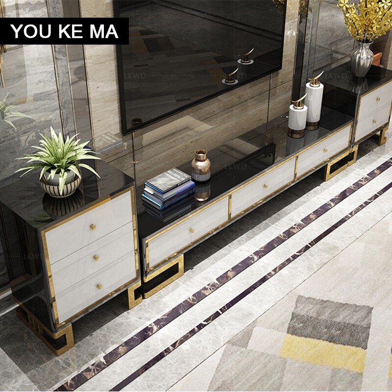 TV cabinet and tea table combination simple post-modern small light luxury tempered glass black ribbon locker floor cabinet