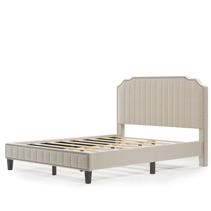 TWIN/FULL /KING/QUEEN Size Modern Linen Curved Upholstered Platform Bed  Solid Wood Frame Nailhead Trim