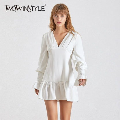 TWOTWINSTYLE Elegant Slim Women Dress V Neck Lantern Sleeve High Waist Ruffles Mini Dresses Female Casual Spring 2020 New