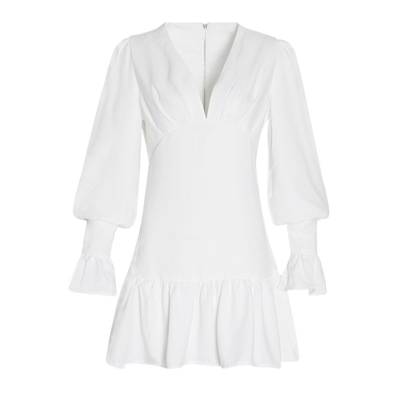 TWOTWINSTYLE Elegant Slim Women Dress V Neck Lantern Sleeve High Waist Ruffles Mini Dresses Female Casual Spring 2020 New