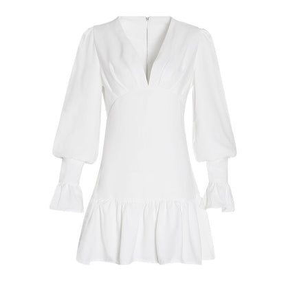 TWOTWINSTYLE Elegant Slim Women Dress V Neck Lantern Sleeve High Waist Ruffles Mini Dresses Female Casual Spring 2020 New