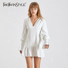 将图片加载到图库查看器，TWOTWINSTYLE Elegant Slim Women Dress V Neck Lantern Sleeve High Waist Ruffles Mini Dresses Female Casual Spring 2020 New
