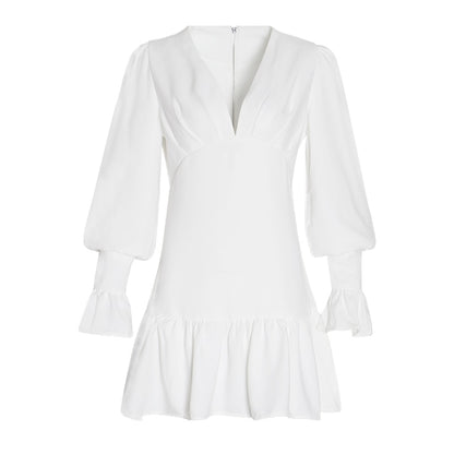 TWOTWINSTYLE Elegant Slim Women Dress V Neck Lantern Sleeve High Waist Ruffles Mini Dresses Female Casual Spring 2020 New