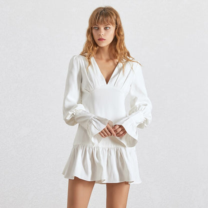 TWOTWINSTYLE Elegant Slim Women Dress V Neck Lantern Sleeve High Waist Ruffles Mini Dresses Female Casual Spring 2020 New