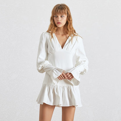 TWOTWINSTYLE Elegant Slim Women Dress V Neck Lantern Sleeve High Waist Ruffles Mini Dresses Female Casual Spring 2020 New