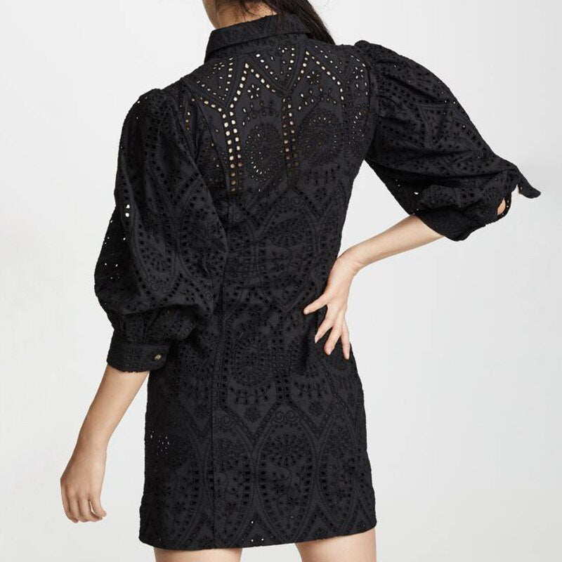 TWOTWINSTYLE Hollow Out Dress For Women Lapel Collar Lantern Sleeve High Waist Mini Dresses Female Summer Fashion OL New 2020