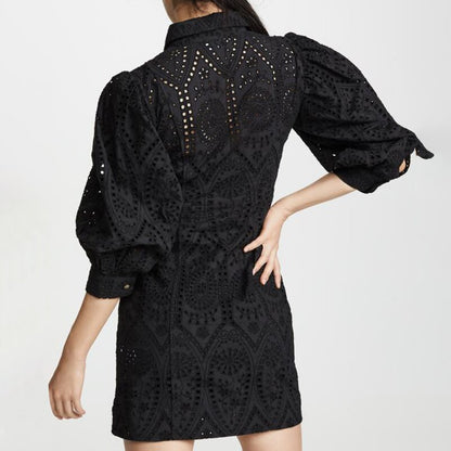 TWOTWINSTYLE Hollow Out Dress For Women Lapel Collar Lantern Sleeve High Waist Mini Dresses Female Summer Fashion OL New 2020