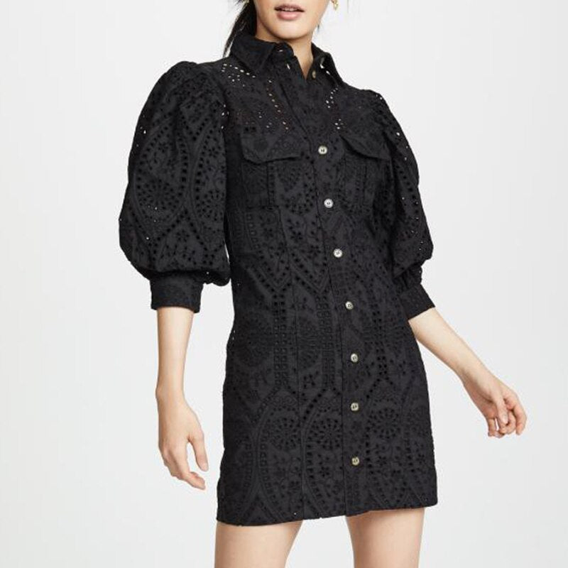 TWOTWINSTYLE Hollow Out Dress For Women Lapel Collar Lantern Sleeve High Waist Mini Dresses Female Summer Fashion OL New 2020