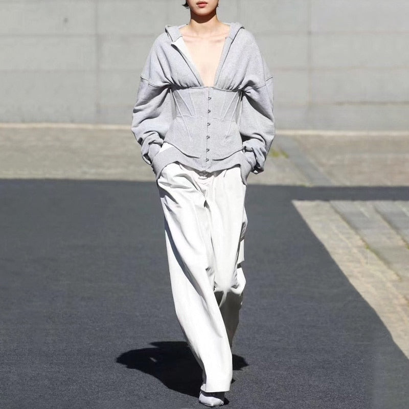 TWOTWINSTYLE Spring Sweatshirts For Women's Hoodies Long Sleeve V Neck High Waist Slim Sweatshirt Tops Female Fashion New 2020