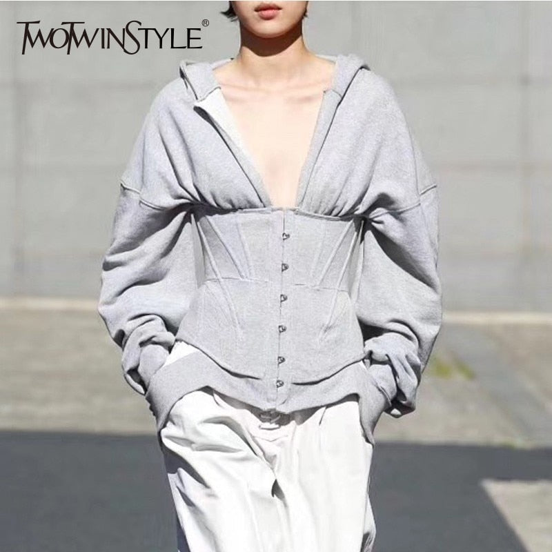 TWOTWINSTYLE Spring Sweatshirts For Women's Hoodies Long Sleeve V Neck High Waist Slim Sweatshirt Tops Female Fashion New 2020