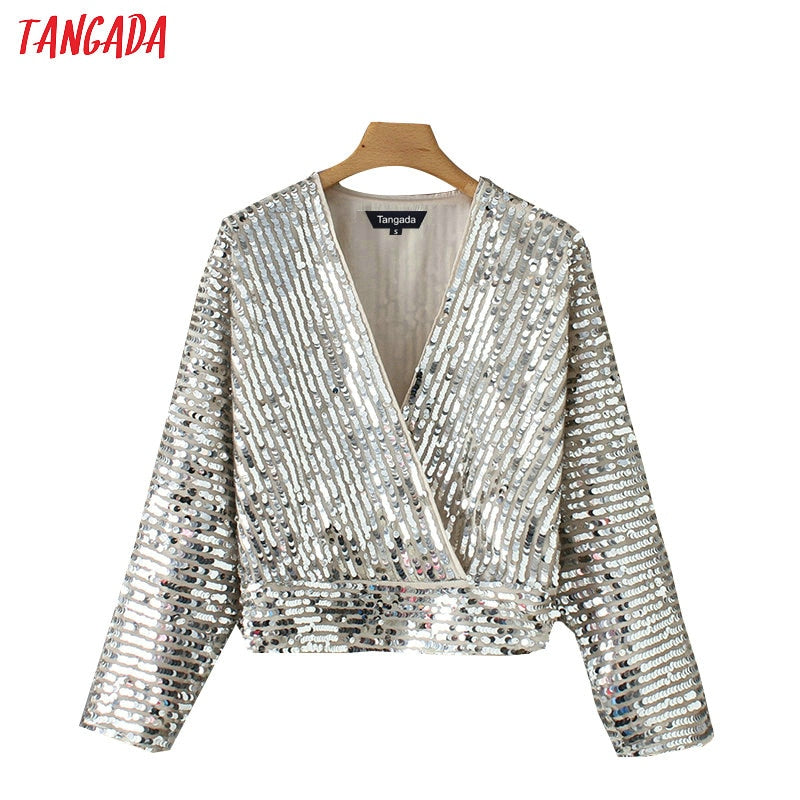 Tangada Women's Silver Kimono Sequined Korean Style Blouse Long Sleeve V-neck Crop Shirt Europe sexy party tops YD206