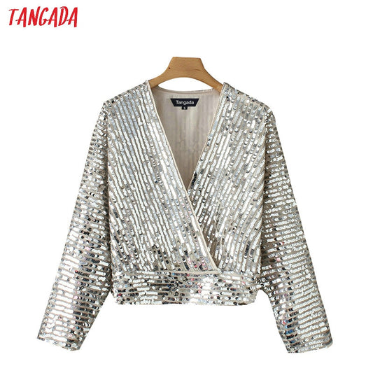 Tangada Women's Silver Kimono Sequined Korean Style Blouse Long Sleeve V-neck Crop Shirt Europe sexy party tops YD206