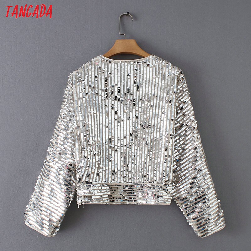Tangada Women's Silver Kimono Sequined Korean Style Blouse Long Sleeve V-neck Crop Shirt Europe sexy party tops YD206