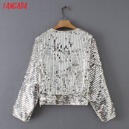 Tangada Women's Silver Kimono Sequined Korean Style Blouse Long Sleeve V-neck Crop Shirt Europe sexy party tops YD206
