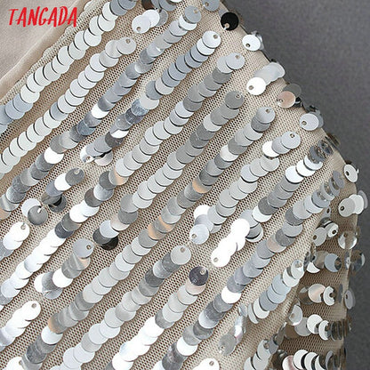 Tangada Women's Silver Kimono Sequined Korean Style Blouse Long Sleeve V-neck Crop Shirt Europe sexy party tops YD206