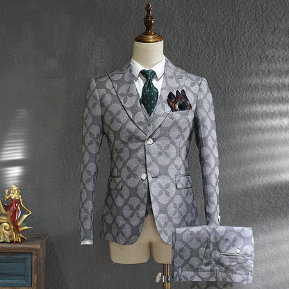 Men's  Business Formal Dress Trend Print Suit Bridegroom Wedding Dress British Style Homme Mariage