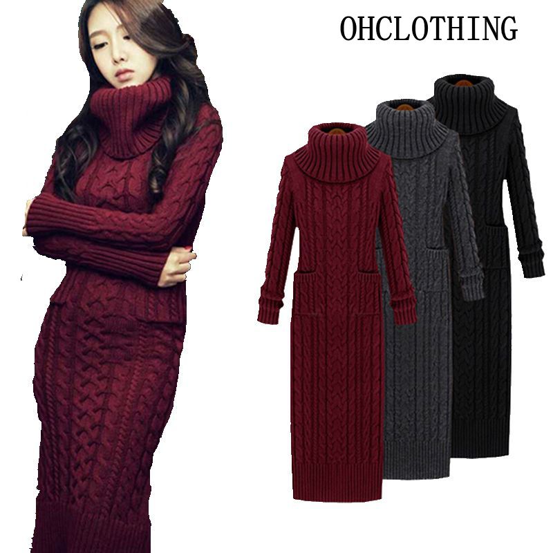Women's Wool Turtleneck Sweater Dress Winter Thick Knitted