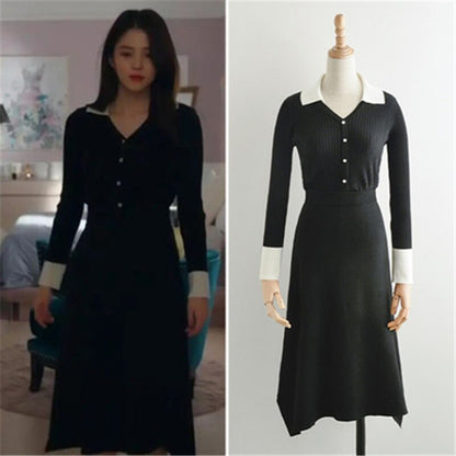 Korean Style Han Suxi Black Knitted Formal Sweater Dress Long Skirt