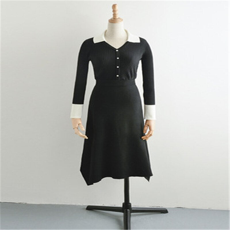 Korean Style Han Suxi Black Knitted Formal Sweater Dress Long Skirt