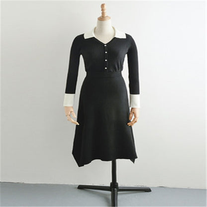 Korean Style Han Suxi Black Knitted Formal Sweater Dress Long Skirt