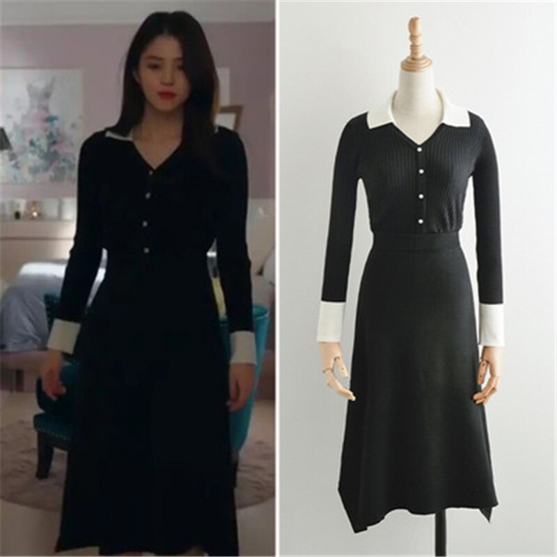 Korean Style Han Suxi Black Knitted Formal Sweater Dress Long Skirt