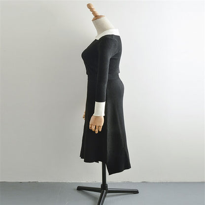 Korean Style Han Suxi Black Knitted Formal Sweater Dress Long Skirt