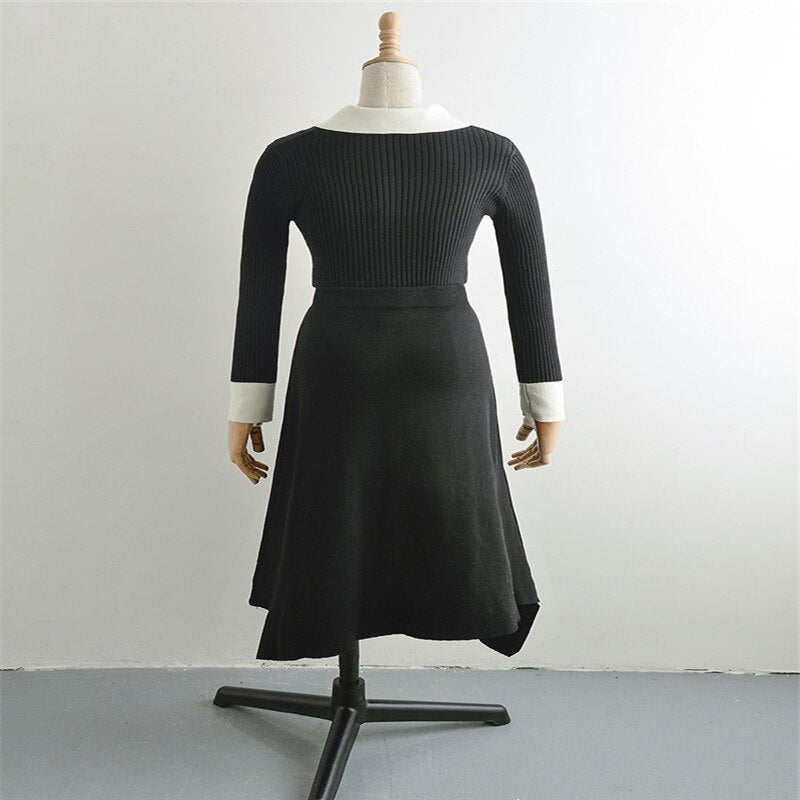 Korean Style Han Suxi Black Knitted Formal Sweater Dress Long Skirt