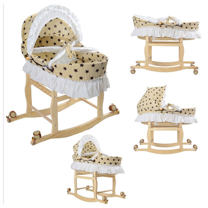 Travel Portable Baby Roller Bed Crib Folding Baby Sleeping Basket Bassinet for Newborn Baby Wood Rocking Crib with Wheels 0~9M