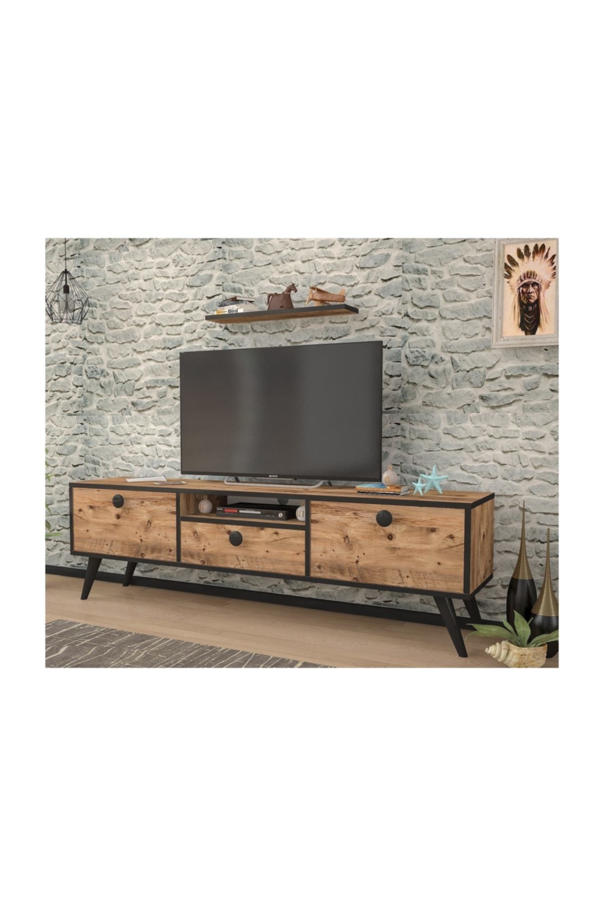 TV Stand Atlantic Wooden Pine and Black Colors 140 Cm Aesthetic and Robust Multi-Function Design. Made in Turkey