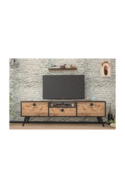 TV Stand Atlantic Wooden Pine and Black Colors 140 Cm Aesthetic and Robust Multi-Function Design. Made in Turkey