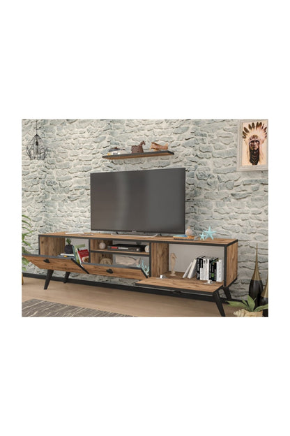TV Stand Atlantic Wooden Pine and Black Colors 140 Cm Aesthetic and Robust Multi-Function Design. Made in Turkey