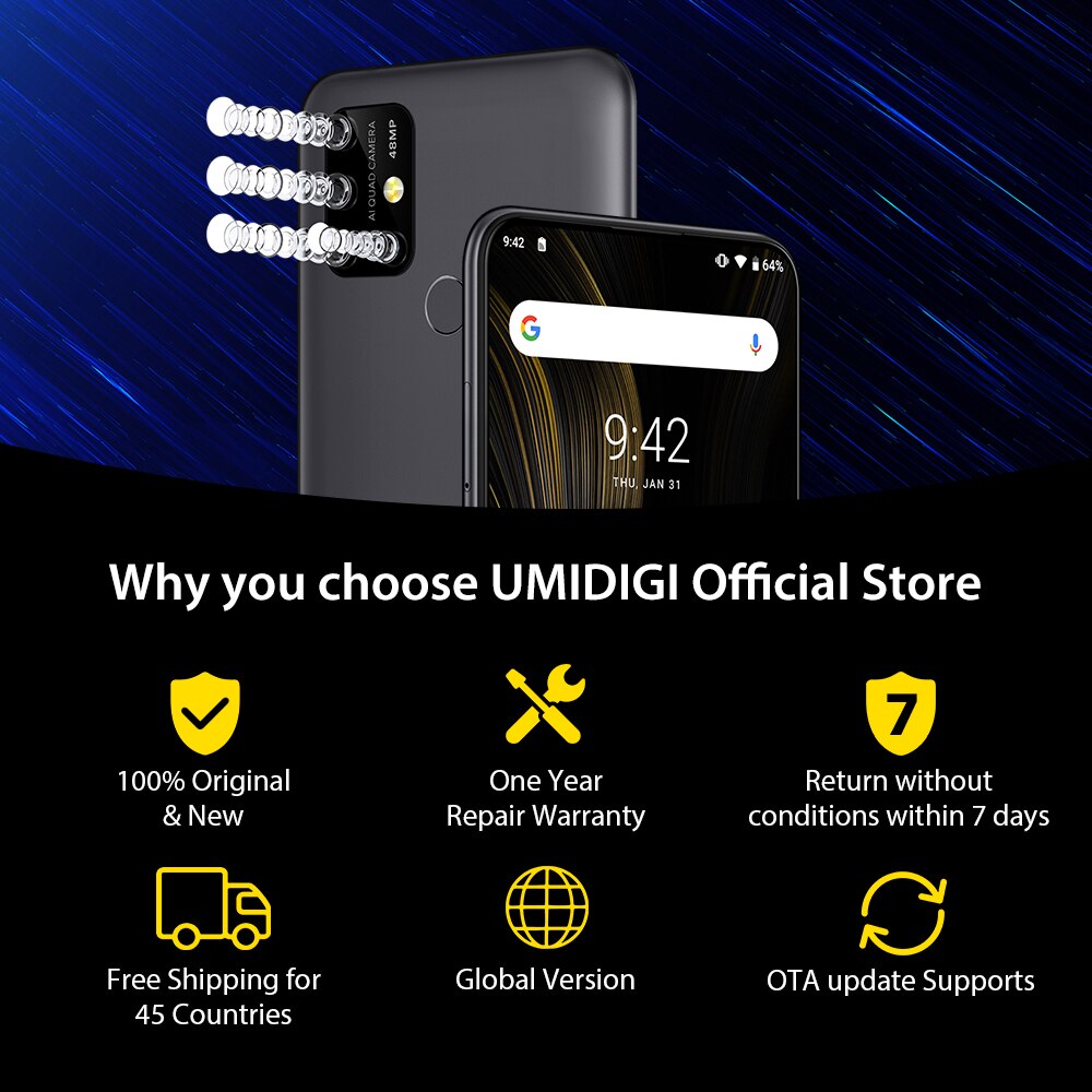 UMIDIGI Power 3 Android 10 48MP Quad AI Camera 6150mAh 6.53" FHD+ 4GB 64GB Helio P60 Global Version Smartphone NFC In Stock