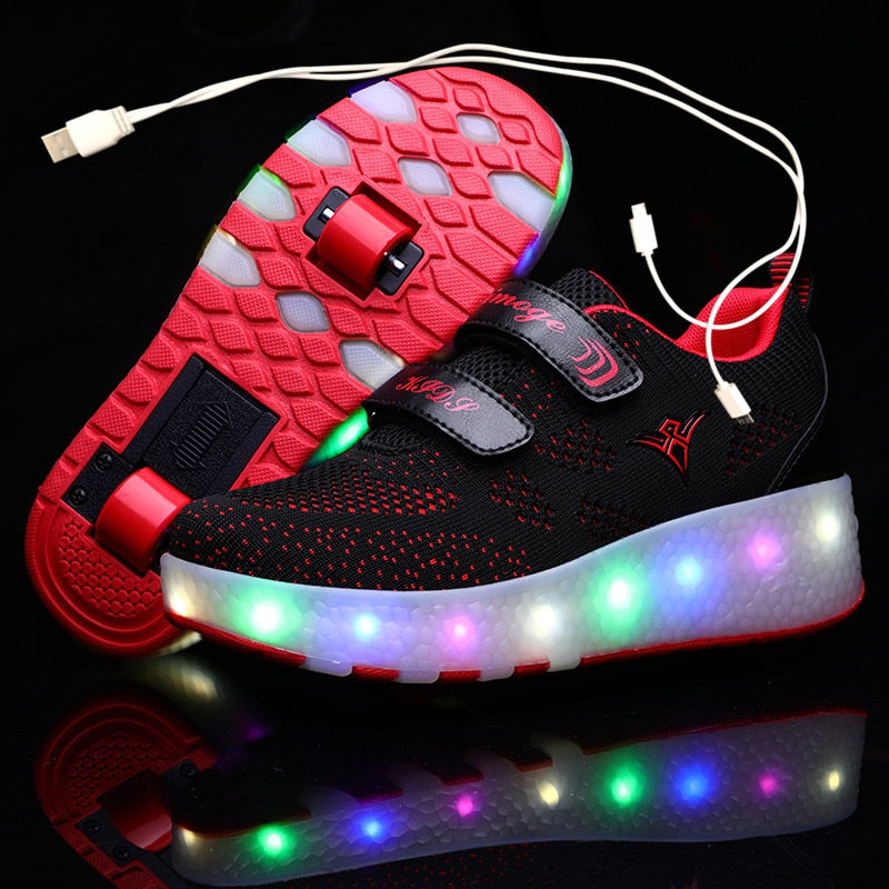 USB Charging Children Roller Skate Casual Shoes Boys Girl Automatic Jazzy LED Lighted Flashing Kids Glowing Sneakers with Wheels