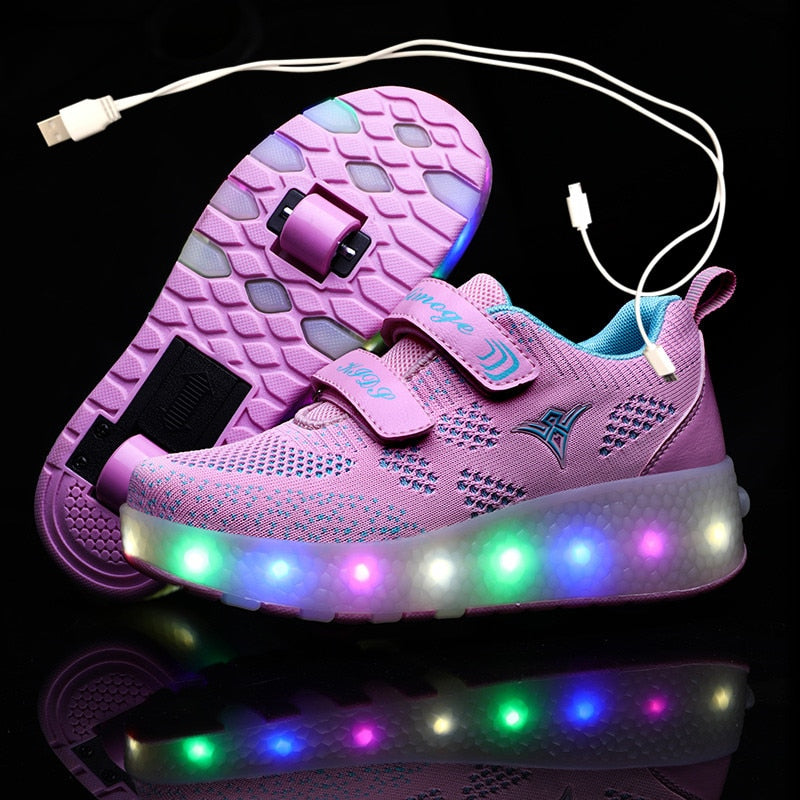 USB Charging Children Roller Skate Casual Shoes Boys Girl Automatic Jazzy LED Lighted Flashing Kids Glowing Sneakers with Wheels