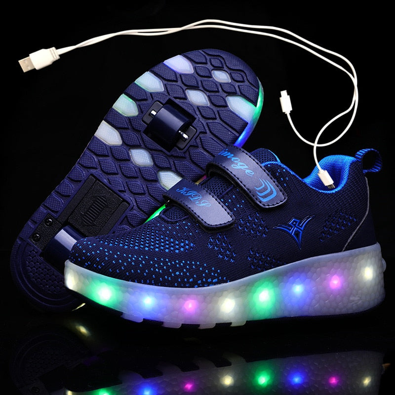 USB Charging Children Roller Skate Casual Shoes Boys Girl Automatic Jazzy LED Lighted Flashing Kids Glowing Sneakers with Wheels