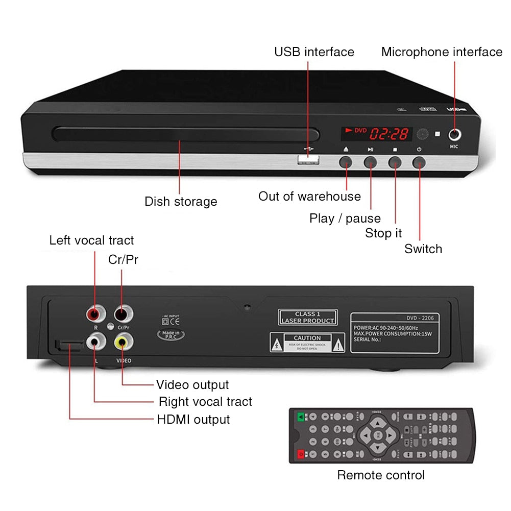 USB Metal With Cable VCD Multi Format CD Home Portable DVD Player For TV Support HDMI-compatible CD SVCD VCD Function