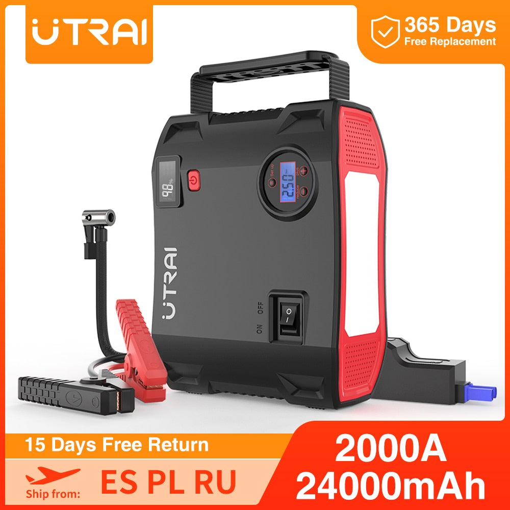 UTRAI Compressor 150PSI Air Pump Bicycle Car 2000A Jump Starter 24000mAh Power Bank Wireless Tire Inflator LED Air Compressor