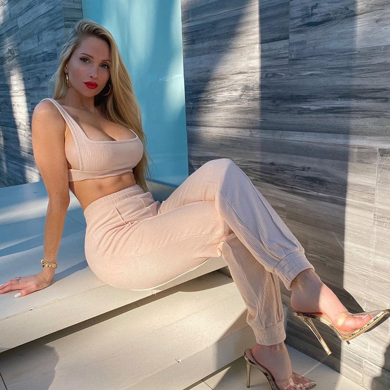 NewAsia Tacksuit Women 2 Piece Set Sleeveless White Ribbed Two Piece Outfits Crop Top Long Pants Plus Size Casual Matching Sets