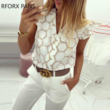 將圖片載入圖庫檢視器 Women&#39;s V Neck Print Ruffles Sleeves Blouse Shirt Honeycomb Pattern
