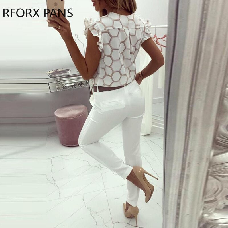 Women's V Neck Print Ruffles Sleeves Blouse Shirt Honeycomb Pattern