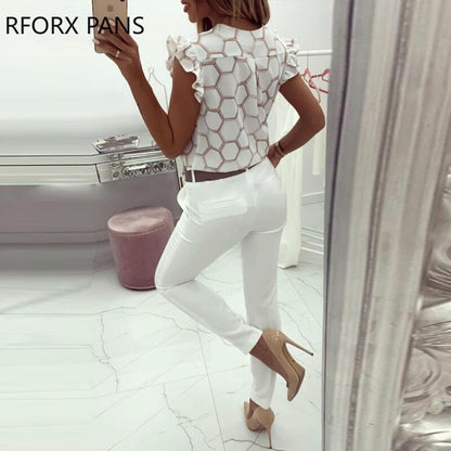 Women's V Neck Print Ruffles Sleeves Blouse Shirt Honeycomb Pattern