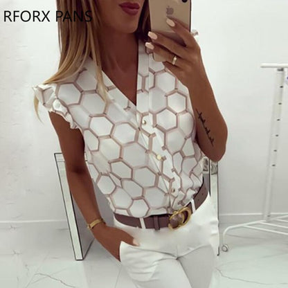 Women's V Neck Print Ruffles Sleeves Blouse Shirt Honeycomb Pattern