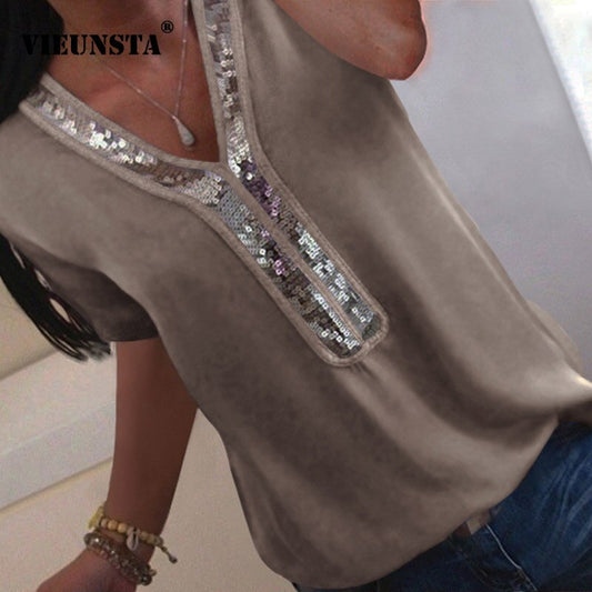 VIEUNSTA Women Sequins V Neck Chiffon Blouse 2019 Summer Short Sleeve Office Lady Blouses Tops Plus Size Femme Shirt S to 5XL