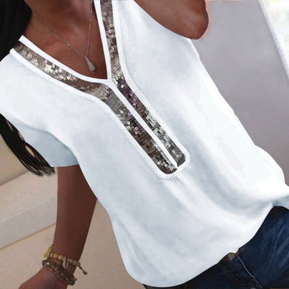 VIEUNSTA Women Sequins V Neck Chiffon Blouse 2019 Summer Short Sleeve Office Lady Blouses Tops Plus Size Femme Shirt S to 5XL