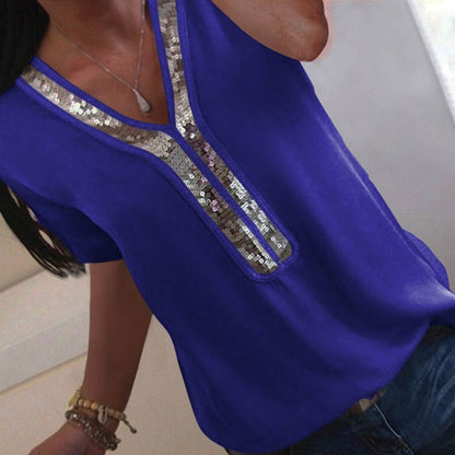 VIEUNSTA Women Sequins V Neck Chiffon Blouse 2019 Summer Short Sleeve Office Lady Blouses Tops Plus Size Femme Shirt S to 5XL