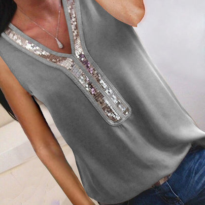 VIEUNSTA Women Sequins V Neck Chiffon Blouse 2019 Summer Short Sleeve Office Lady Blouses Tops Plus Size Femme Shirt S to 5XL