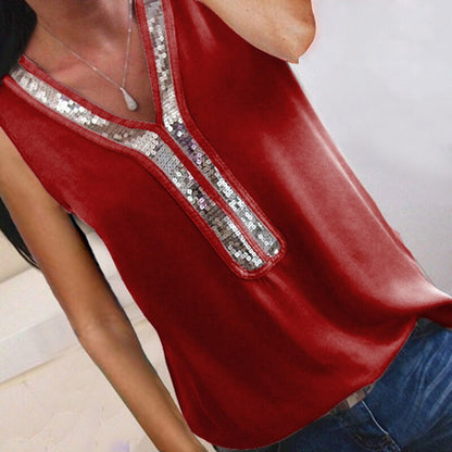 VIEUNSTA Women Sequins V Neck Chiffon Blouse 2019 Summer Short Sleeve Office Lady Blouses Tops Plus Size Femme Shirt S to 5XL