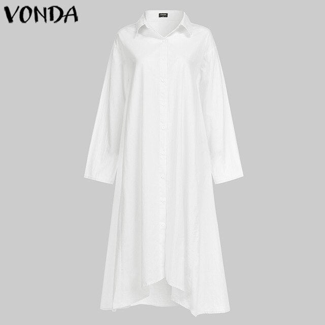 VONDA Office Ladies Dress Women Sexy Turn-down Collar Asymmetrical Party Dress Summer Sundress Casual Loose Vestido Plus Size